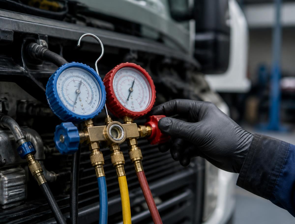 Air conditioning regas gauges connected to a truck engine bay