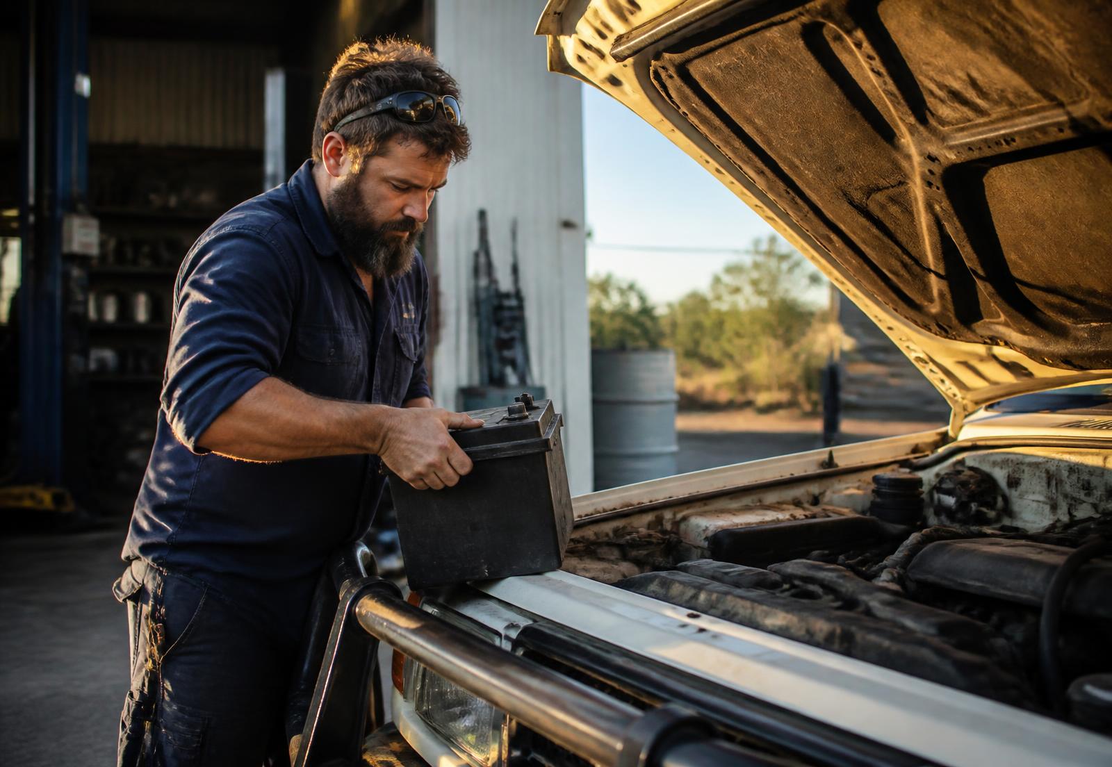 Boonah Batteries technician fitting a new automotive battery to a 4x4 ute